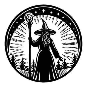 A silhouette of a woman with a pointed hat holding a staff, surrounded by the faint outline of a glowing aura vector