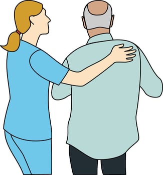 A compassionate caregiver providing help and assistance to a senior man showcasing caregiving, empathy, trust and support in elder care services, senior assistance, medical and healthcare campaigns vector