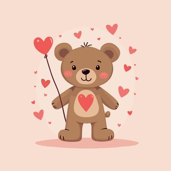 Cute teddy bear with hearts on pastel background, Valentine's Day illustration vector