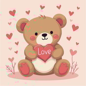 Cute brown bear with hearts on pastel rose background, Valentine's Day illustration vector