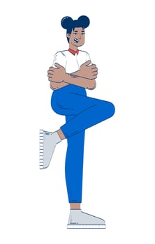 Smiling black woman arms crossed with one leg against wall 2D doodle character. African american female confident cartoon person drawing isolated on white. Hand drawn illustration colorful vector