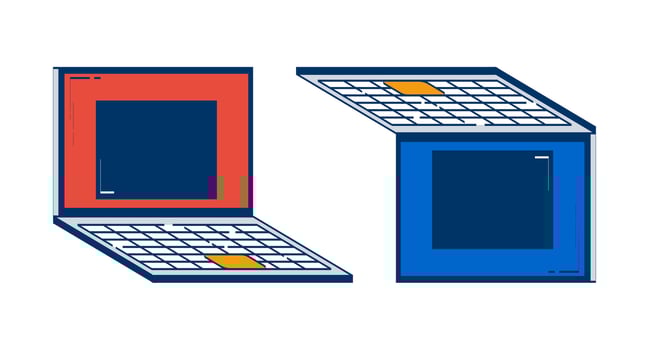 Two open laptops placed side by side 2D doodle objects set. Notebooks with keyboards and touchpads cartoon elements flat cliparts isolated on white. Hand drawn illustrations collection vector