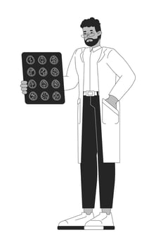 African american male doctor holding brain scan report black and white 2D line character. Black man neurologist in white coat isolated outline person. Monochromatic spot illustration vector