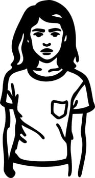 Minimalist Black Line Art Portrait of Young Woman in T-Shirt Illustration vector