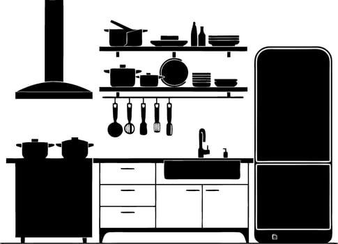 Modern Kitchen Silhouette Design with Appliances and Utensils for Wall Art or Illustration vector