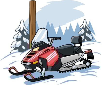 Red Snowmobile Winter Landscape with Snowy Trees and Mountain vector