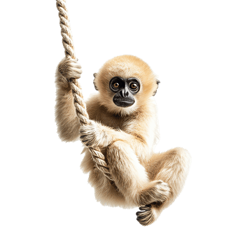 Baby gibbon hanging playfully from a rope png
