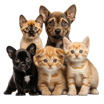 Adorable group of puppies and kittens together png