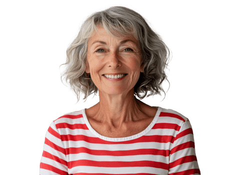Smiling woman with curly hair in striped shirt png