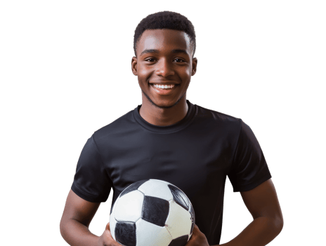 Young athlete holds soccer ball with a smile png