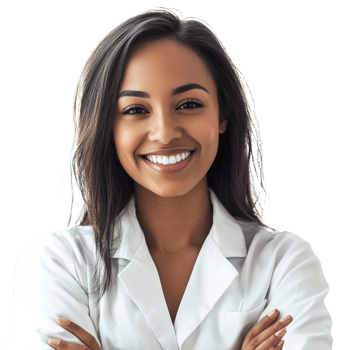 Young woman in a lab coat smiles warmly png
