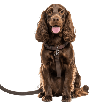 Happy brown dog sitting calmly on a leash png