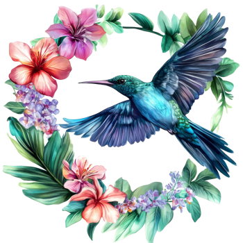 Colorful hummingbird surrounded by vibrant flowers png