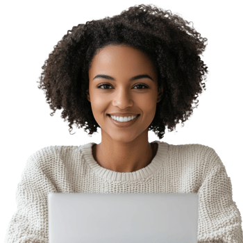 Smiling woman with laptop at home working remotely png