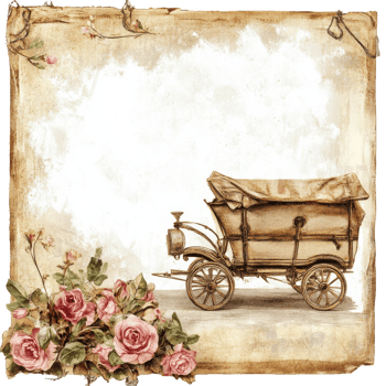 Vintage cart with roses on an antique parchment png