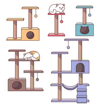 Cat trees, cat houses seamless pattern, background. Cute comic, cartoon illustrations vector