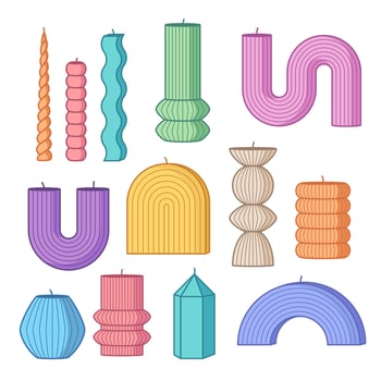 Set of candles of various different shapes and silhouettes. Home decor illustrations, drawings vector