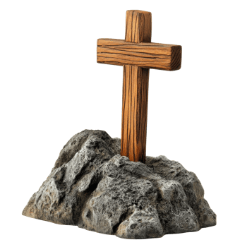 Wooden cross on rocky base in tranquil setting png