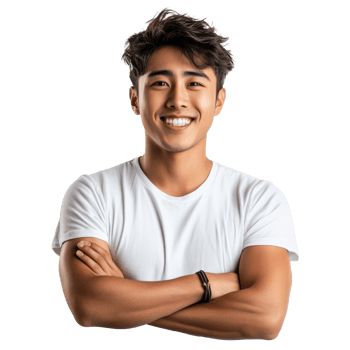 Young man smiling with arms crossed indoors png