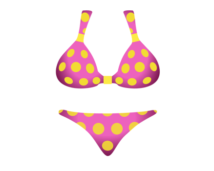 Pink two piece female swimsuit bikini icon with yellow circle dots pattern png