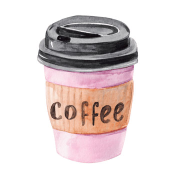 watercolor hand drawn pink coffee cup to go with black cap isolated png