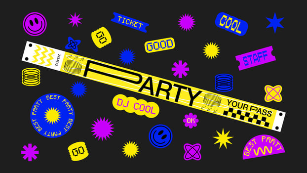 collection of various patches, labels, tags, stickers, bracelet brands for a disco party. vinyl, smile, free entrance, music. Funky hipster stickers in 90s style vector