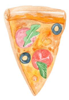 watercolor hand drawn slice of pizza with cheese olives and tomato isolated png