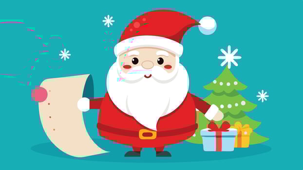 Santa Claus holds a checklist of gifts while surrounded by a festive atmosphere, emphasizing his joyful preparations for Christmas celebrations vector