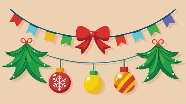 A festive holiday arrangement featuring a decorated Christmas tree, a gift box with a red bow, and garlands adorned with colorful ornaments and snowflakes against a blue backdrop vector