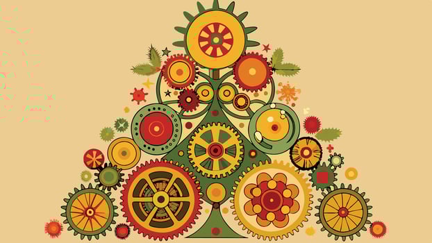 Colorful display of interlocking gears and cogs with autumn leaves, showcasing intricate mechanisms in a decorative arrangement vector