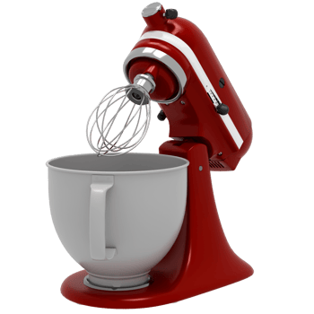 A red mixer is sitting on top of a white bowl png