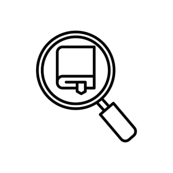 search book icon, Magnifying glass on book shows research or study concept. Ideal for education, science, learning, investigation, or analytical themes. vector