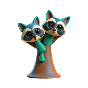 Cute Cartoon Raccoon Friends Isometric Render png