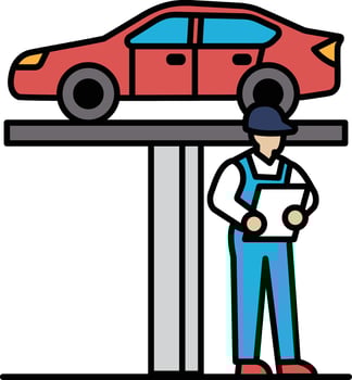 A mechanic is standing on a lift with a red car in front of him vector