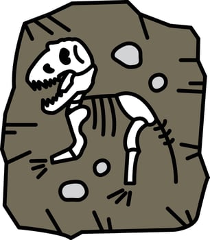 A cartoon drawing of a dinosaur skeleton is sitting in a pile of rocks vector