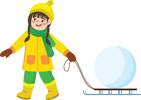 Girl Enjoying Winter Ride with Snowball and Sled png