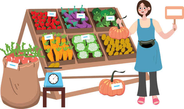 Traditional Market Vegetable Seller with Fresh Produce Displayed on Racks png