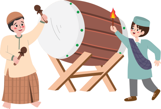 Happy Muslim Kids Celebrating Takbiran with Traditional Drum Performance png