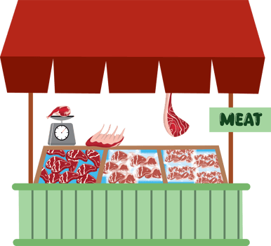 Butcher Shop Display with Various Cuts of Fresh Beef on Shelves png