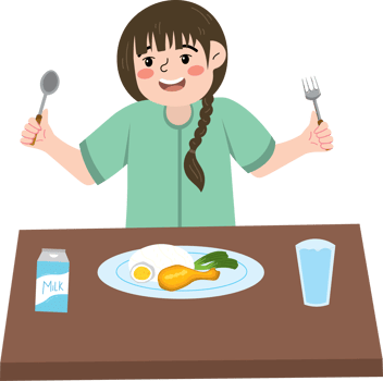 Kid girl eating breakfast with happy face png