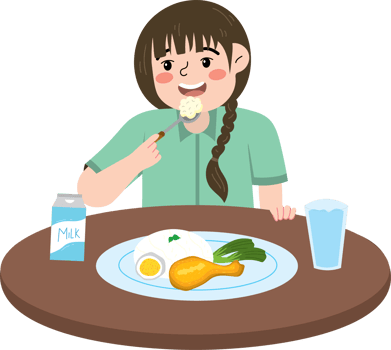 Girl eating toast and eggs at breakfast time png