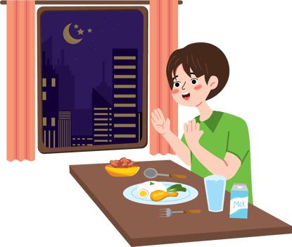 Young boy eating traditional meal at dawn in Ramadan png