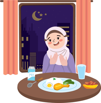 Little kid eating breakfast before fasting in Ramadan png