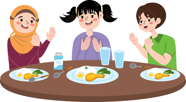 Children breaking their fast together at the dining table png