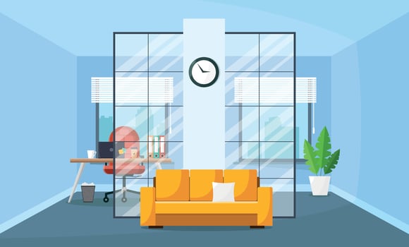 Office interior with furniture, equipment and windows. Workroom. vector