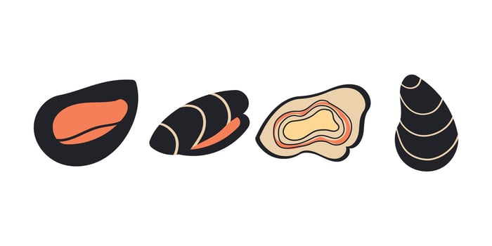 Set of mussels illustration isolated on a white background , sea food ,asian food italian or spanish . Hand drawn illustration . vector