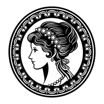 A classic Victorian-era cameo silhouette featuring a lady with an elaborate updo hairstyle adorned with pearls, framed in an ornate oval border with floral patterns vector