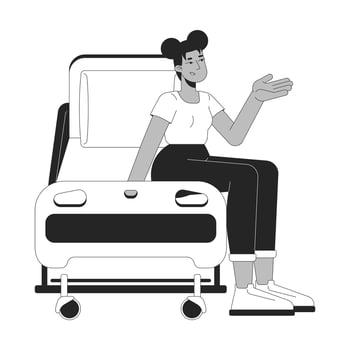 African american female patient seated on hospital bed black and white 2D line character. Inpatient rehab. Black woman gesturing isolated outline person. Monochromatic spot illustration vector
