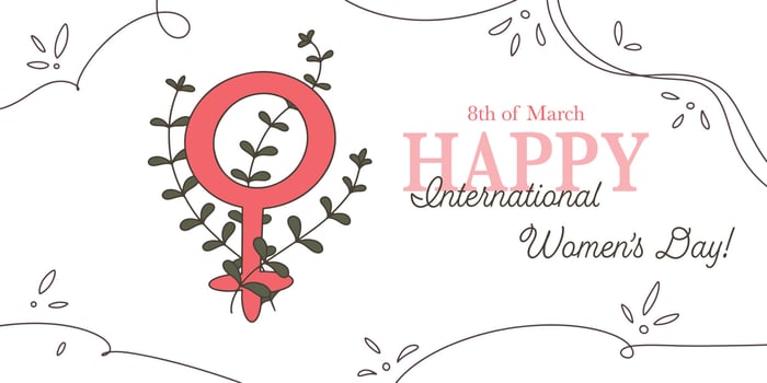 International Women's Day card with greeting and female symbol with plant branch. Cute doodle postcard, invitation, banner. illustration. vector