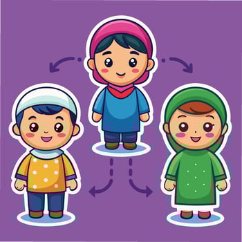 muslim children in different clothes and colors vector